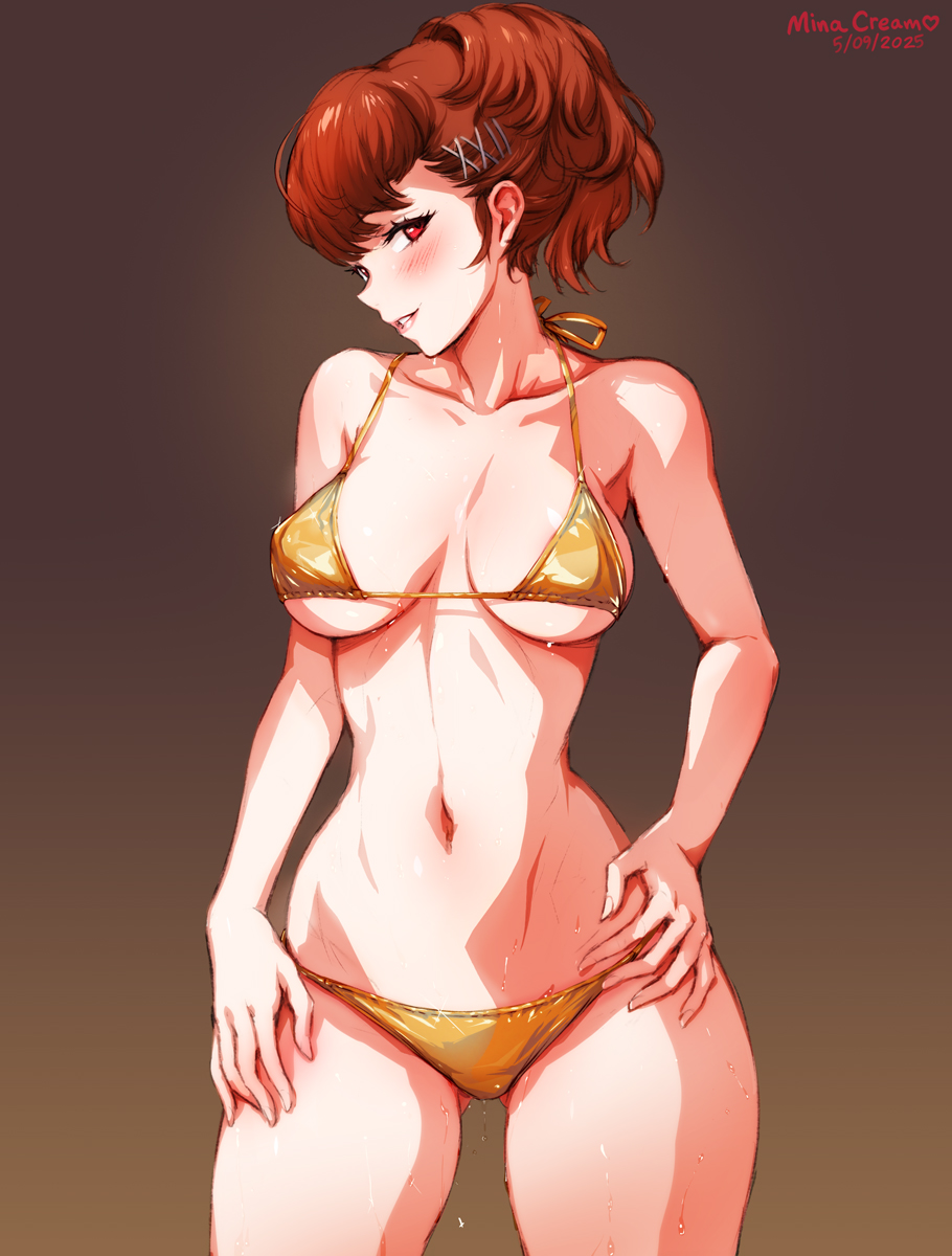 1girl artist_name bare_arms bare_shoulders bikini blush breasts brown_background cleavage collarbone cowboy_shot dated gluteal_fold gradient_background hair_ornament hairclip highres large_breasts mina_cream navel parted_lips persona persona_3 persona_3_portable ponytail red_eyes red_hair shiomi_kotone short_hair smile solo sweat swimsuit x_hair_ornament yellow_bikini