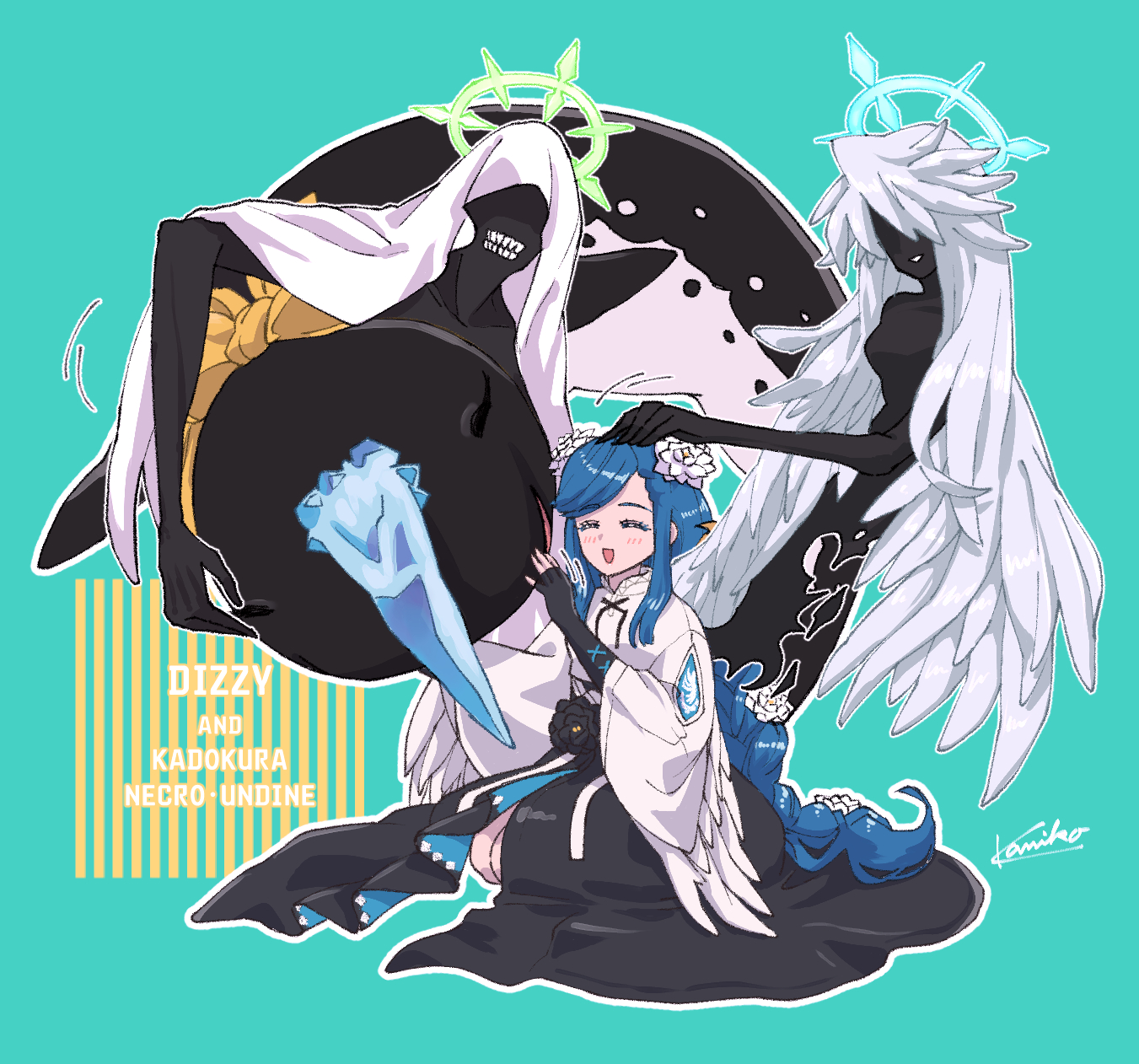 1girl angel_wings black_dress black_flower blue_background braid braided_ponytail character_name dizzy_(guilty_gear) dress fingerless_gloves flower front_slit gloves guilty_gear guilty_gear_strive halo headpat heart highres kadokura_(guilty_gear) kanea_(nikoinoillust) long_hair low-tied_long_hair narwhal necro_(guilty_gear) queen_dizzy ribbon seiza signature sitting solo spiked_halo swept_bangs tail tail_ornament tail_ribbon undine_(guilty_gear) white_flower wide_sleeves wings yellow_flower yellow_ribbon