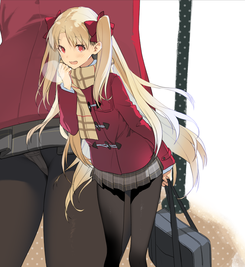 1girl akinashi_yuu alternate_costume bag black_pantyhose blonde_hair breath commentary_request ereshkigal_(fate) fate/grand_order fate_(series) grey_skirt holding holding_bag jacket long_hair miniskirt panties panties_under_pantyhose pantyhose pantyshot plaid_clothes plaid_scarf plaid_skirt pleated_skirt red_eyes red_jacket scarf school_bag skirt solo two_side_up underwear very_long_hair white_panties yellow_scarf