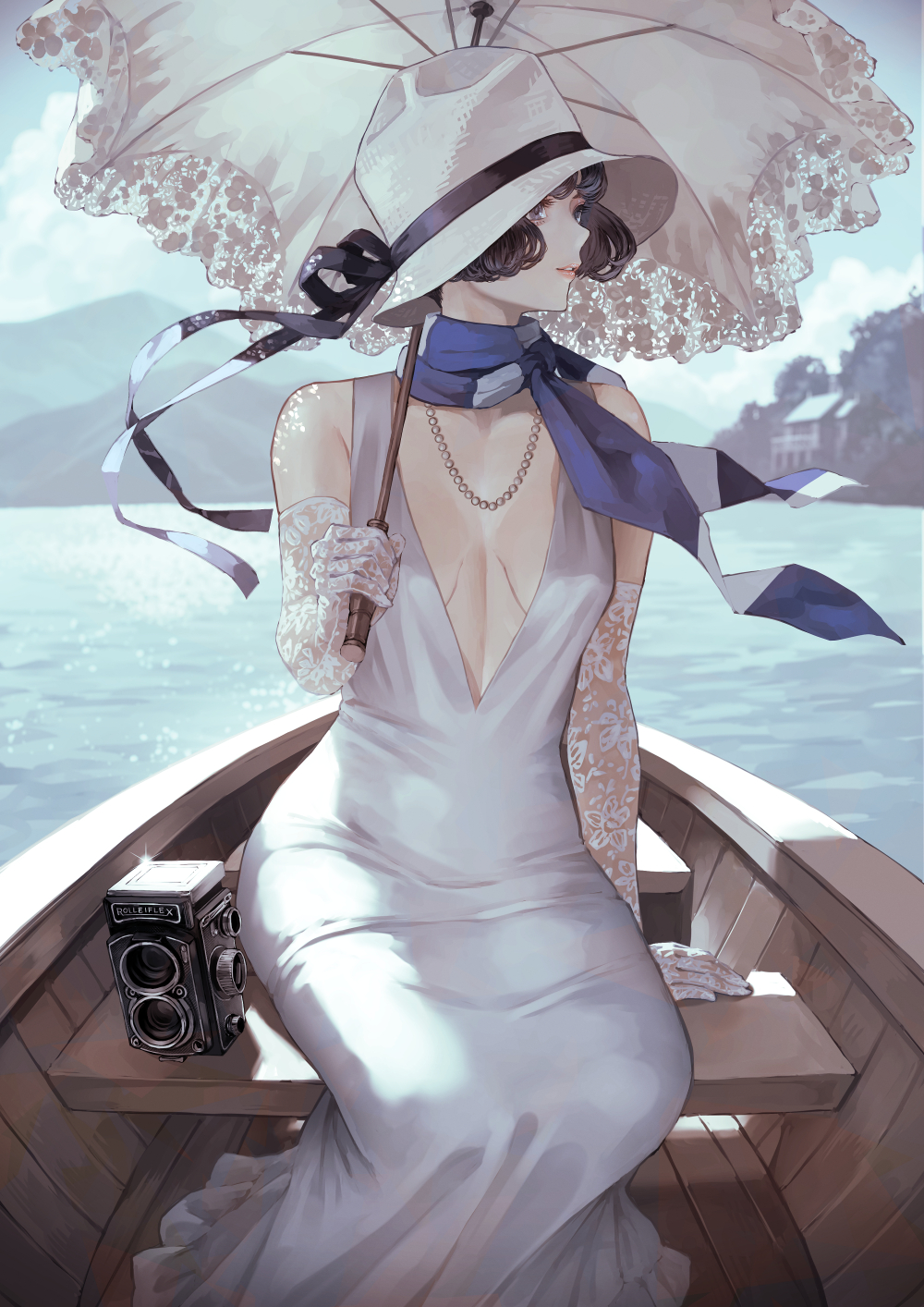 1girl bare_shoulders black_eyes black_hair blue_scarf blue_sky boat bob_cut breasts camera cocktail_dress day dress elbow_gloves floral_print gloves hat hat_ribbon highres holding holding_umbrella jewelry kaoming lace lace-trimmed_umbrella lace_gloves lace_trim lake long_dress looking_to_the_side makeup medium_breasts mountain necklace no_bra original outdoors parasol parted_lips pearl_necklace plunging_neckline profile ribbon rolleiflex scarf sitting sky sleeveless sleeveless_dress smile solo sun_hat twin-lens_reflex_camera umbrella water watercraft waves white_dress white_gloves white_hat white_umbrella