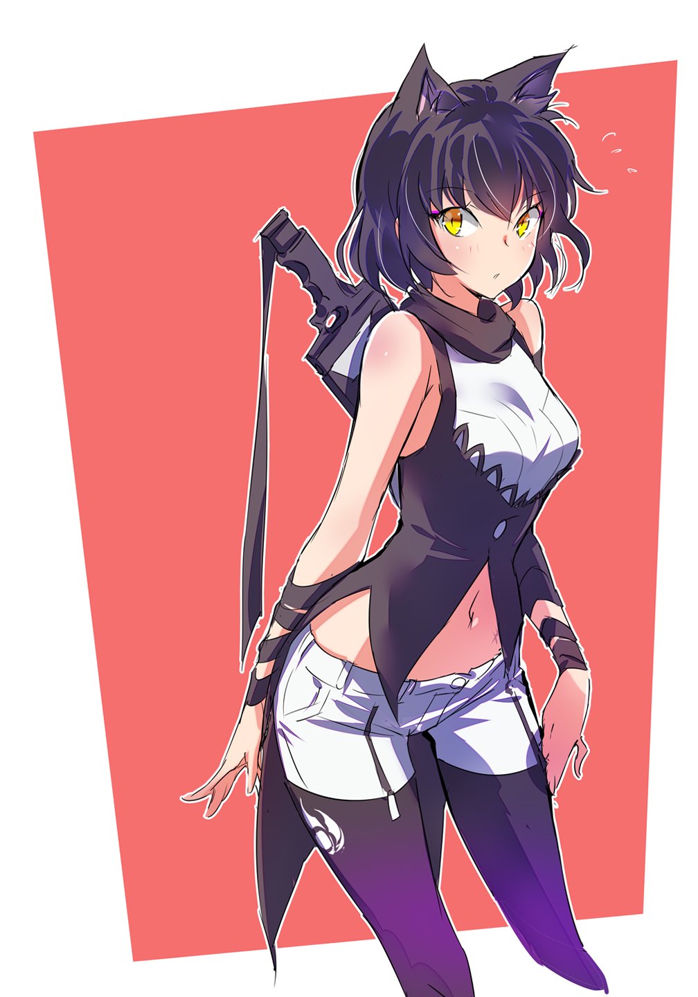 1girl animal_ears arm_ribbon bare_shoulders black_hair black_pantyhose black_scarf blake_belladonna cat_ears coattails combination_weapon gambol_shroud garter_straps highres iesupa pantyhose_under_shorts midriff pantyhose pistol_sword ribbon rwby scarf shirt shorts sleeveless sleeveless_shirt solo vest yellow_eyes