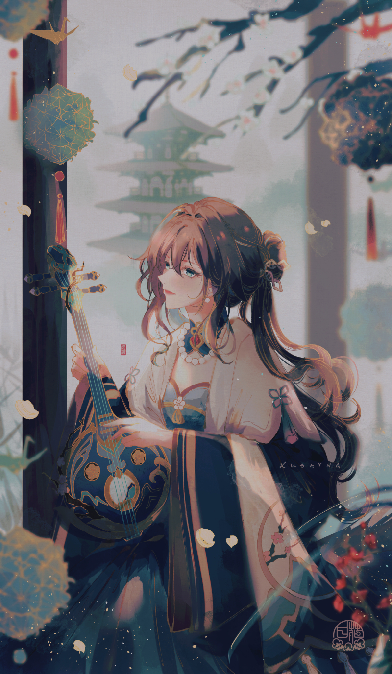 1girl alternate_costume aqua_collar aqua_dress aqua_kimono bead_necklace beads chocolat_(momoiro_piano) double_helix dress highres holding holding_instrument honkai:_star_rail honkai_(series) instrument japanese_clothes jewelry kimono music necklace pearl_necklace playing_instrument ruan ruan_mei_(honkai:_star_rail) solo xuehina