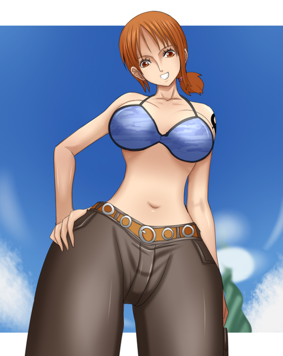 1girl bare_shoulders belt bikini bikini_top_only blue_sky breasts capri_pants female_focus large_breasts looking_at_viewer mokusa nami_(one_piece) nami_(one_piece)_(skypiea) navel one_piece orange_hair pants ponytail red_eyes short_hair sky skypiea smile solo standing swimsuit tattoo