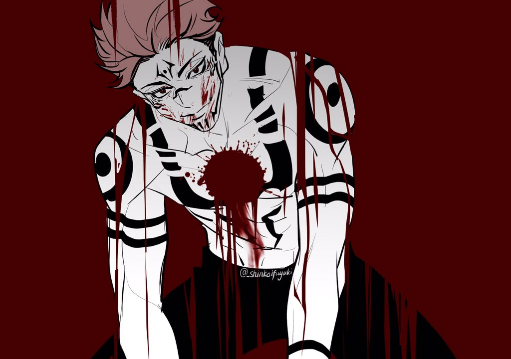 1boy blending blood blood_on_face forehead_tattoo full-body_tattoo hole_in_chest hole_on_body jujutsu_kaisen limited_palette male_focus red_background red_hair ryoumen_sukuna_(jujutsu_kaisen) shinkaifuyuki signature smile solo tattoo toned toned_male topless_male twitter_username
