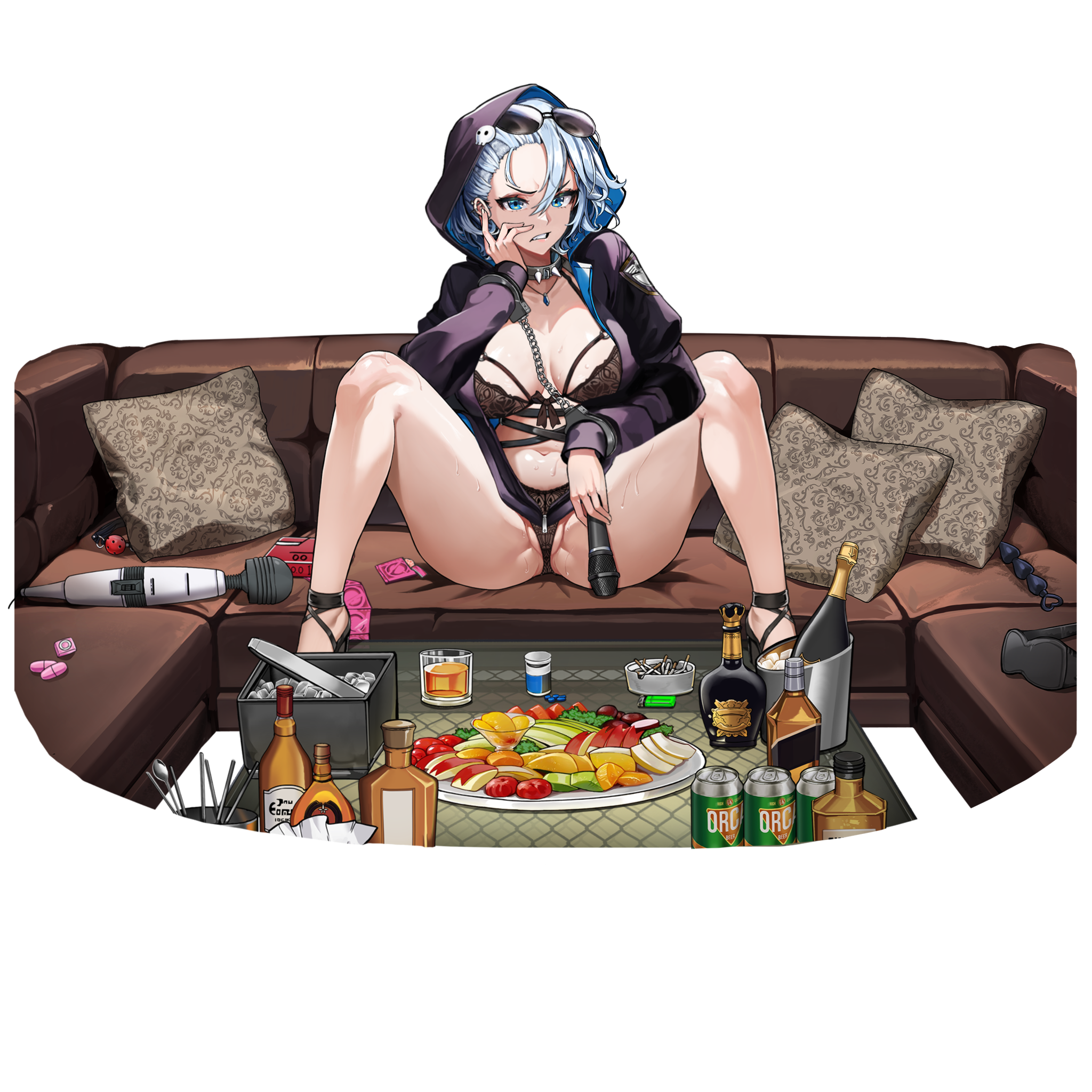 1girl alcohol anal_beads apple ashtray ass ball_gag bare_legs beer_can black_bow black_footwear black_hoodie black_panties blue_eyes blue_gemstone blue_hair bow bow_bra bra breasts breasts_apart can champagne_bottle chest_strap cigarette coffee_table collar collarbone condom condom_box condom_wrapper couch cuffs cup drink_can ear_piercing egg_vibrator eye_mask eyewear_on_head fang food fruit gag gem glass_bottle hair_between_eyes hand_on_own_face handcuffs high_heels highres hitachi_magic_wand holding holding_microphone hood hood_up hoodie ice ice_cube jewelry karaoke_box kiwi_(fruit) lace lace_bra lace_panties large_breasts last_origin light_blue_hair lighter lingerie looking_at_viewer microphone naked_hoodie navel necklace non-web_source official_alternate_costume official_art on_couch open_clothes open_hoodie open_mouth panties partially_visible_vulva piercing pill pill_bottle pillow plate police police_uniform scowl sex_toy short_hair simple_background sitting solo sonia_of_devastation spiked_collar spikes spread_legs strappy_heels sunglasses sweat table tachi-e teeth transparent_background u-rix underbust underwear v-shaped_eyebrows vibrator