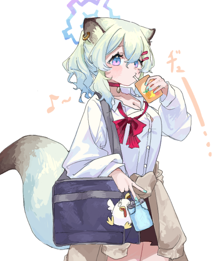 1girl alternate_costume animal_ears bag bag_charm black_skirt blue_archive blue_eyes blush breasts charm_(object) choker cleavage clothes_around_waist commentary ear_piercing green_hair gyaru hair_between_eyes halo hip_flask holding holding_juice_box juice_box long_sleeves looking_at_viewer musical_note peroro_(blue_archive) piercing school_bag shigure_(blue_archive) shimeji_take shirt simple_background skirt solo tail v weasel_ears weasel_girl weasel_tail white_background white_shirt