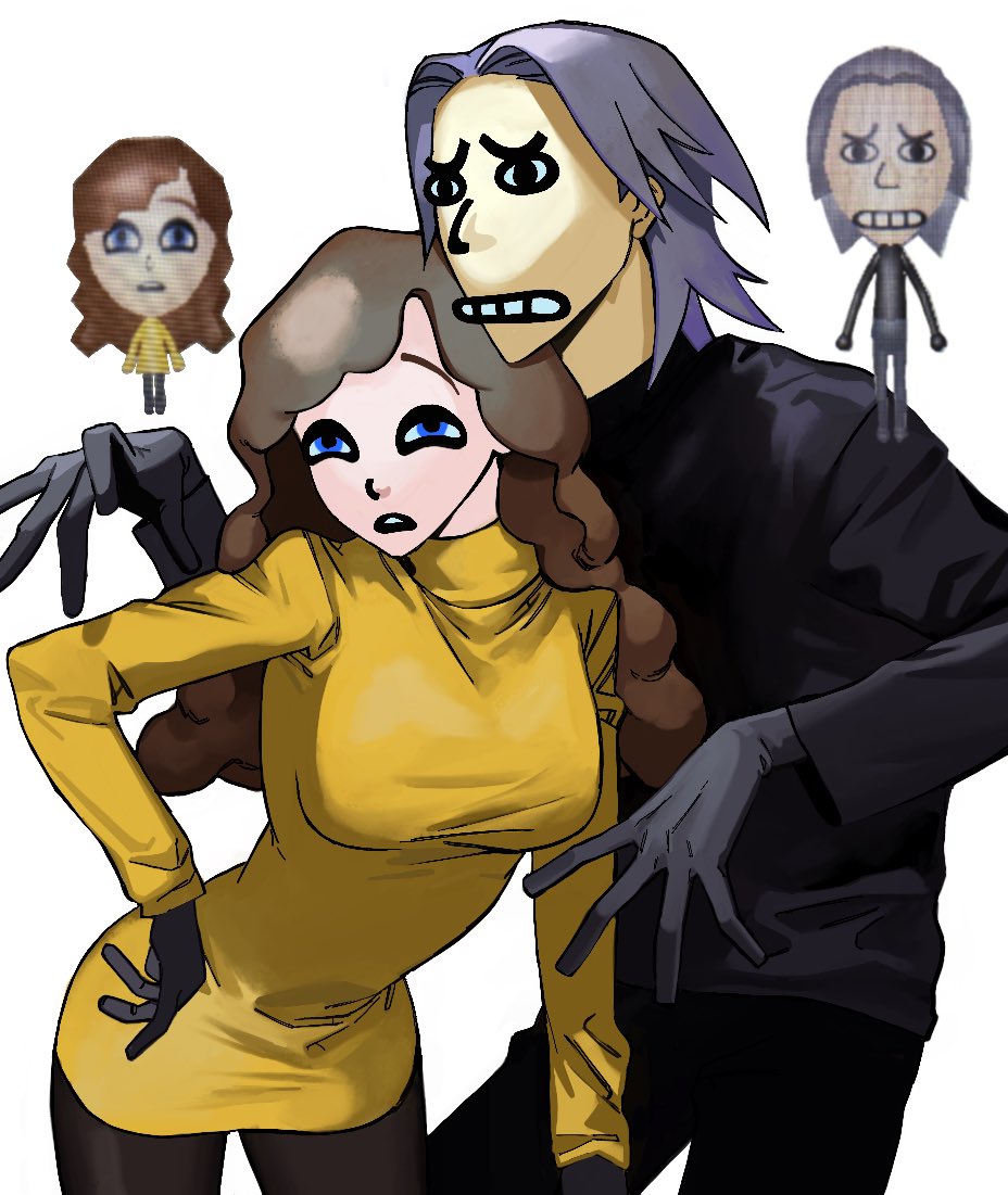 &lt;o&gt;_&lt;o&gt; 1boy 1girl black_eyes black_gloves black_pants black_sweater blue_eyes breasts brown_hair clenched_teeth commentary curly_hair curtained_hair frown furrowed_brow gloves grimace half-closed_eyes hand_on_own_hip hands_up large_breasts leaning_forward long_hair long_sleeves looking_ahead looking_at_viewer medium_hair mii_(nintendo) nintendo open_mouth original pants photo_inset purple_hair reference_inset sweater takushi_(taxi739) teeth turtleneck turtleneck_sweater yellow_sweater