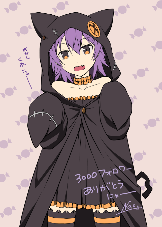 1girl alternate_costume animal_hood bare_shoulders black_hood cat_hood choker collarbone dress fang hood kantai_collection milestone_celebration nao_(nao_eg) orange_eyes pink_background purple_hair short_hair solo standing strapless strapless_dress striped_clothes striped_thighhighs tama_(kancolle) thighhighs