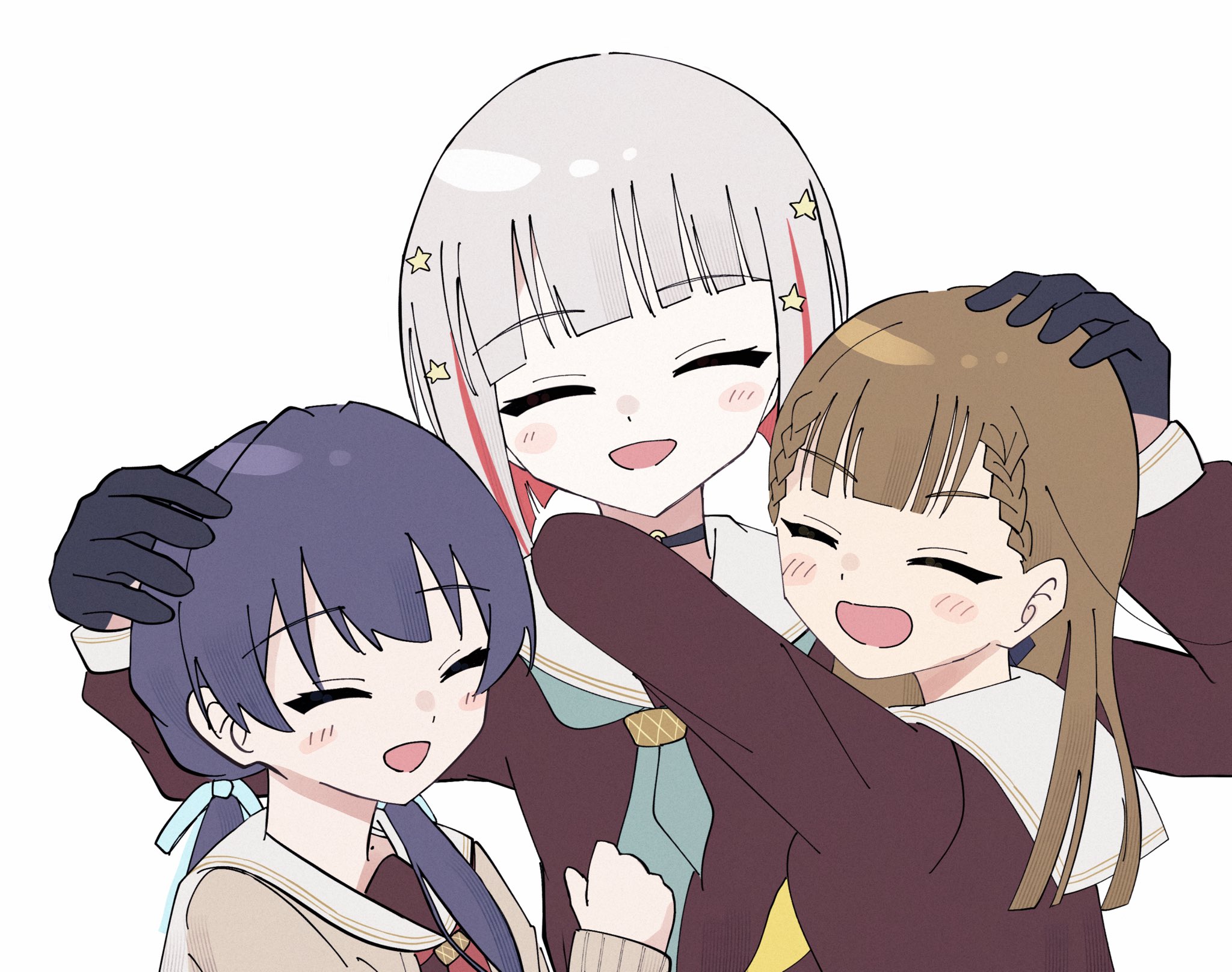 3girls :d ^_^ aqua_neckerchief black_bow black_choker black_gloves blue_hair blue_ribbon blush bob_cut bow braid brown_cardigan brown_dress brown_hair cardigan center-flap_bangs choker closed_eyes colored_inner_hair commentary diagonal_bangs dollchestra dress facing_viewer gloves grey_hair hair_bow hair_ornament hair_ribbon half_gloves hashtag-only_commentary hasu_no_sora_school_uniform headpat highres hug inverted_bob kachimachi_kosuzu link!_like!_love_live! long_hair long_sleeves love_live! low_twintails magu_(cv_mgmgcup) mole mole_on_neck multicolored_hair multiple_girls murano_sayaka neckerchief o-ring o-ring_choker open_cardigan open_clothes open_mouth red_hair red_neckerchief ribbon sailor_collar sailor_dress school_uniform short_hair side_ahoge side_braids simple_background smile star_(symbol) star_hair_ornament straight_hair streaked_hair twintails upper_body virtual_youtuber white_background white_sailor_collar winter_uniform yellow_neckerchief yugiri_tsuzuri
