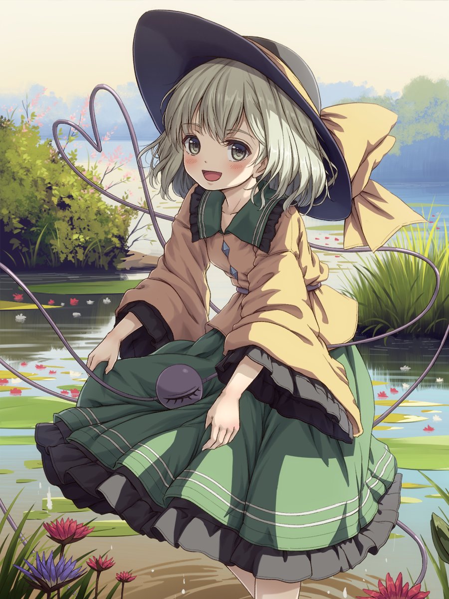 1girl :d black_hat commentary_request flower frilled_skirt frills green_eyes green_hair green_skirt hat hat_ribbon heart heart_of_string highres kinoniku komeiji_koishi long_sleeves open_mouth outdoors ribbon shirt short_hair skirt sky sly smile solo third_eye touhou wide_sleeves yellow_ribbon yellow_shirt yellow_sky