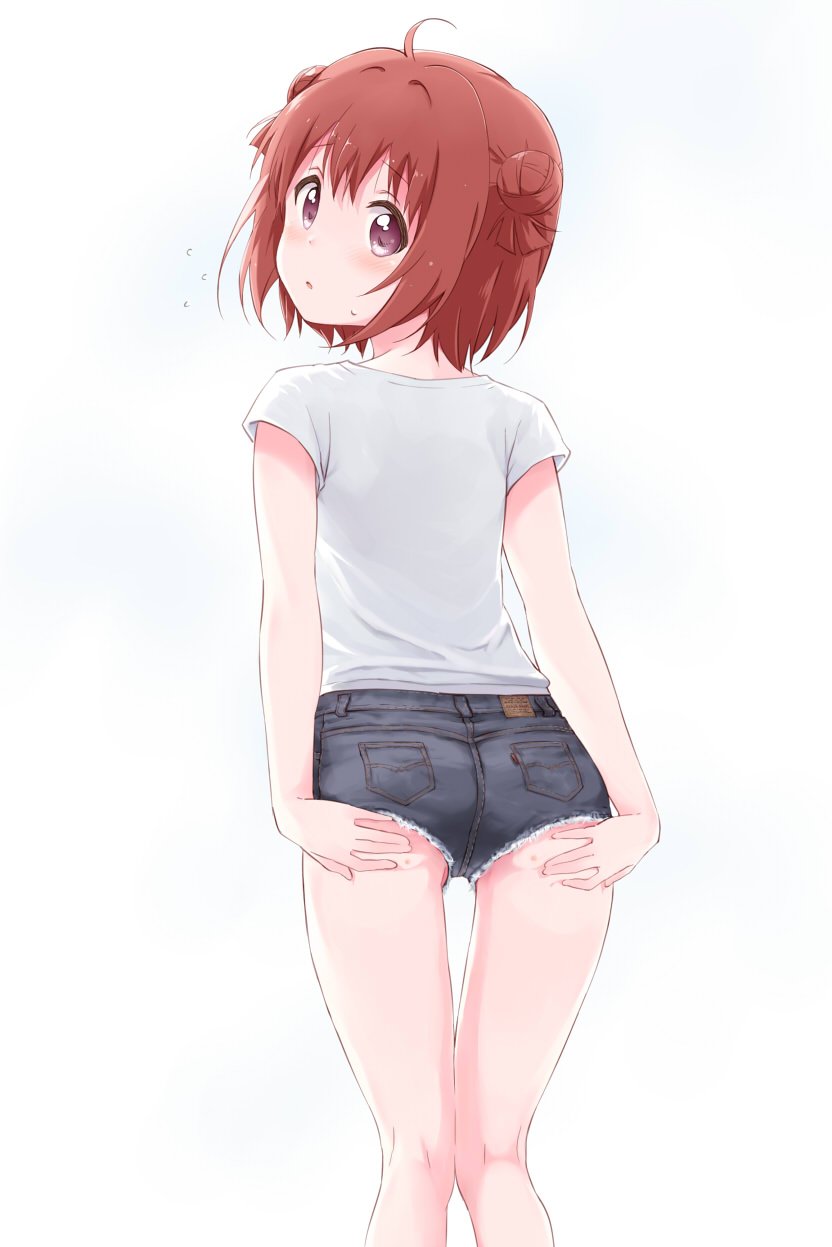 1girl ahoge akaza_akari ass commentary_request denim denim_shorts double_bun female_focus flat_ass hair_bun highres looking_at_viewer looking_back purple_eyes red_hair shikou_sakugo_(qqap9gt9k) shirt short_hair short_shorts short_sleeves shorts solo sweatdrop t-shirt thighs white_background white_shirt yuruyuri