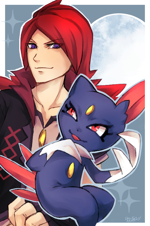 1boy claws collarbone en_makinohara forehead_jewel game_freak gen_2_pokemon male_focus moon nintendo official_alternate_costume outline pokemon pokemon_(creature) pokemon_masters_ex purple_eyes red_hair silver_(pokemon) silver_(sygna_suit)_(pokemon) sneasel