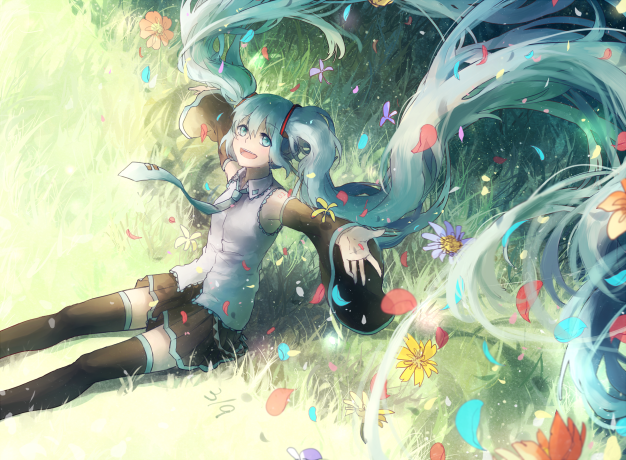 1girl absurdly_long_hair bad_id bad_pixiv_id detached_sleeves domik female_focus floating_hair flower grass green_eyes green_hair hatsune_miku long_hair matching_hair/eyes necktie open_mouth outstretched_arms petals sitting skirt solo spread_arms thighhighs twintails very_long_hair vocaloid