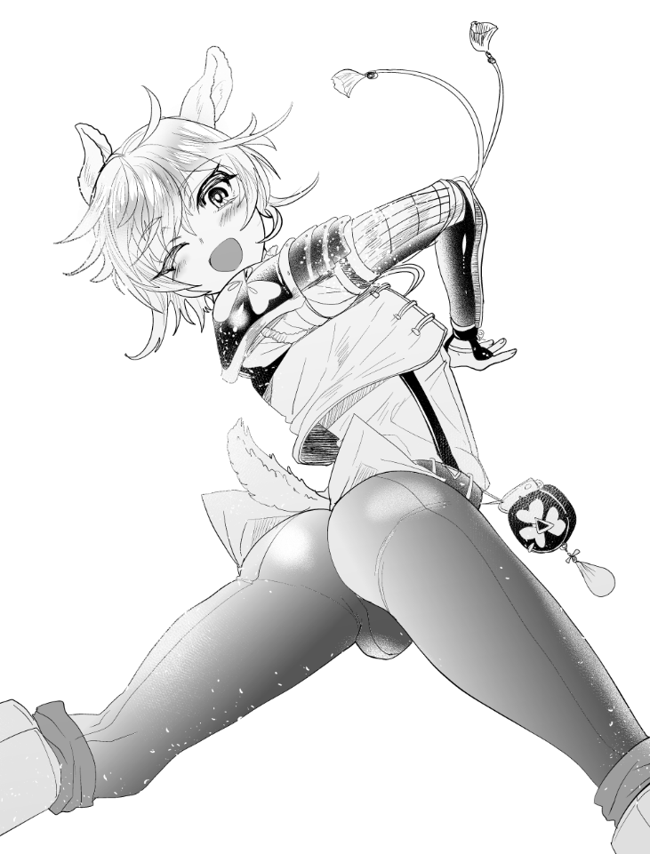 10s 1boy ;) ;d ass blush bulge coattails cropped_jacket greyscale insitsukun kemonomimi_mode male_focus monochrome monoyoshi_sadamune one_eye_closed open_mouth simple_background smile solo tail_raised touken_ranbu white_background