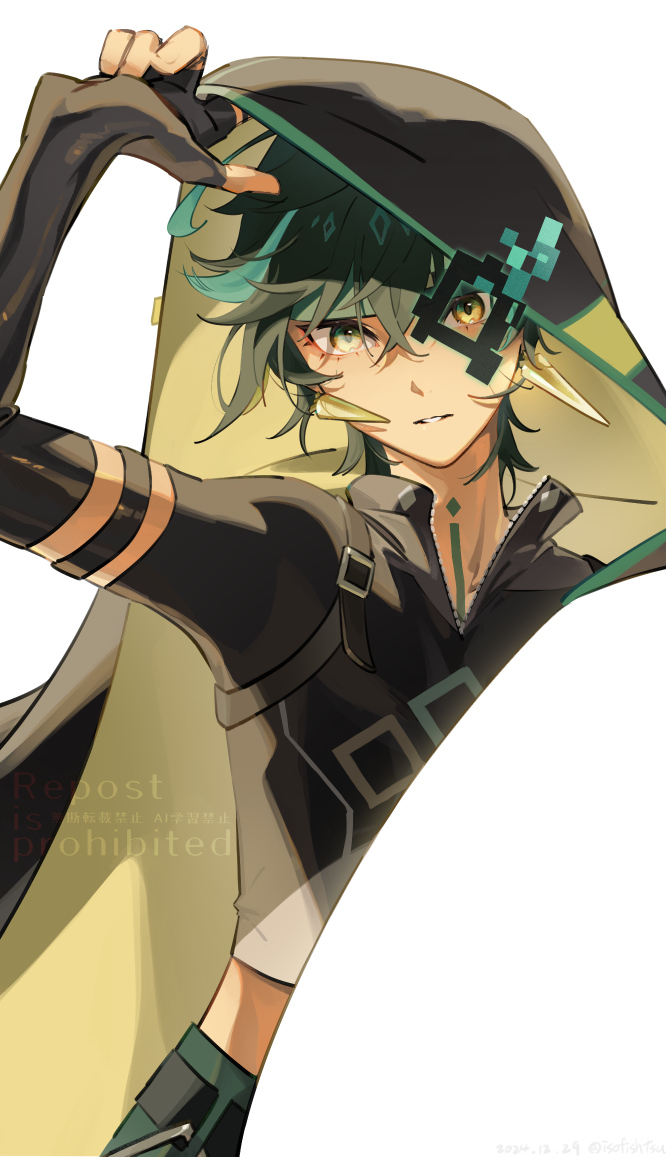 1boy black_jacket blue_hair cropped_jacket crossed_bangs earrings genshin_impact green_eyes green_headband hair_between_eyes headband hood hood_up isofishtsu jacket jewelry kinich_(genshin_impact) looking_at_viewer male_focus multicolored_eyes multicolored_hair parted_lips simple_background solo upper_body white_background yellow_eyes