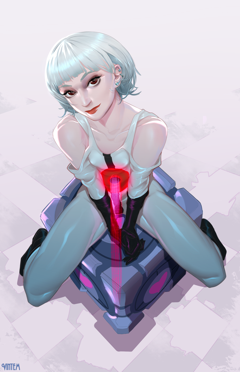1girl androgynous aperture_science_weighted_companion_cube bare_shoulders brown_eyes collarbone ear_piercing eyelashes female_focus flat_chest highres lips long_hair looking_at_viewer personification piercing portal_(series) portal_1 sentry_turret_(portal) short_hair sitting solo vintem