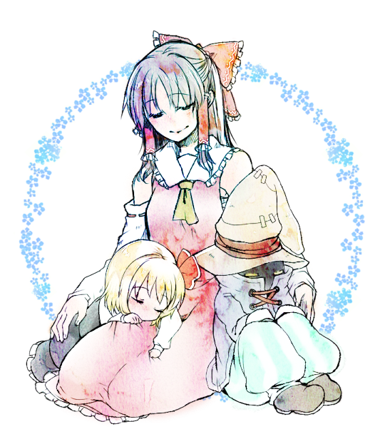 ascot black_mage_(final_fantasy) blue_coat blue_flower bow closed_eyes coat crossover detached_sleeves face_in_shadow final_fantasy final_fantasy_ix floral_background flower frilled_bow frilled_hair_tubes frills hair_bow hair_tubes hakurei_reimu hand_on_another&#039;s_waist hat japanese_clothes kuroneko_(44yen) lace-up lace-up_top lying_on_another pants red_bow red_skirt ribbon-trimmed_sleeves ribbon_trim rumia seiza sitting skirt sleeping sleeping_on_person striped_clothes striped_pants touhou vivi_ornitier white_background wizard_hat yellow_ascot yellow_eyes