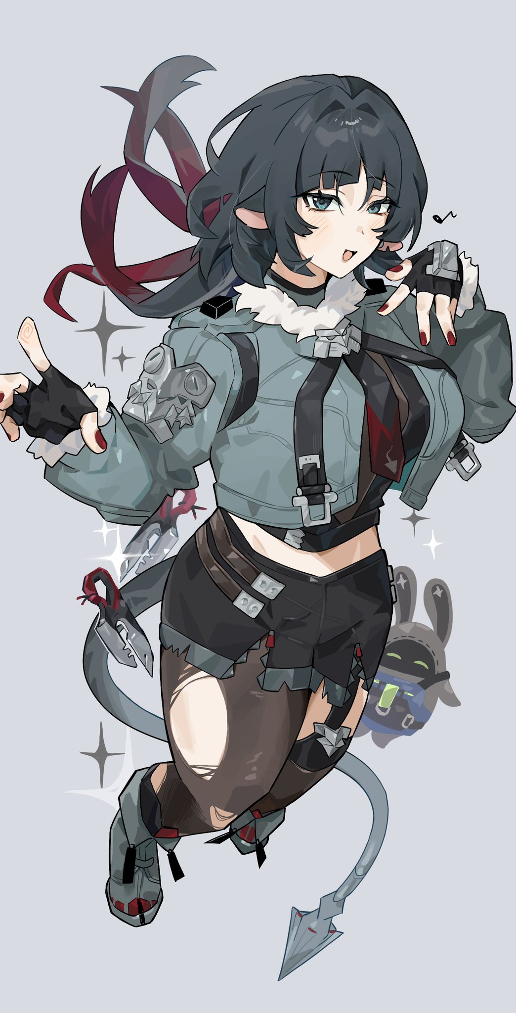 1girl animal_ears bangboo_(zenless_zone_zero) fur-trimmed_jacket fur_trim garter_straps high-waist_shorts highres jacket jane_doe_(zenless_zone_zero) long_tail mouse_ears mouse_girl mouse_tail necktie pantyhose red_nails sharp_tail shorts single_garter_strap single_leg_pantyhose solo tail torn_clothes torn_pantyhose two-tone_necktie umiinu_(umi_inu11) zenless_zone_zero
