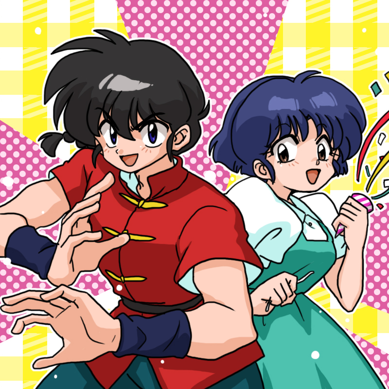 1boy 1girl blue_hair blush braid braided_ponytail brown_eyes chinese_clothes fuurinkan_high_school_uniform hair_between_eyes happy open_mouth ranma_1/2 saotome_ranma school_uniform short_hair tangzhuang tendou_akane wanta_(futoshi)