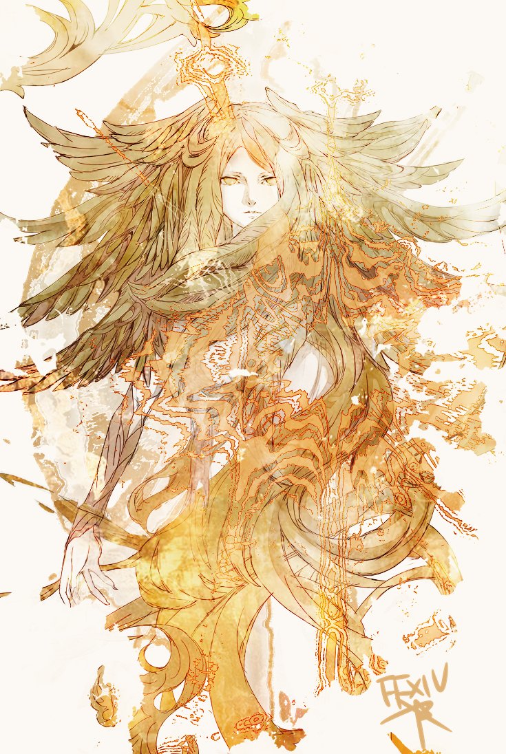 1girl blonde_hair commentary_request copyright_name expressionless feathered_wings final_fantasy final_fantasy_xiv forgiven_obscenity head_wings ruka_(blueplus84) solo wings yellow_eyes yellow_wings