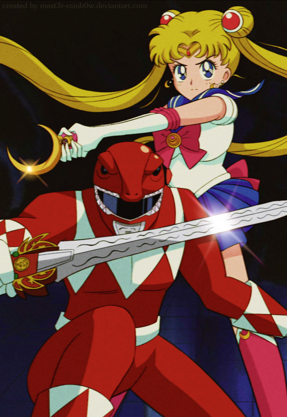 1990s_(style) 1boy 1girl animification artist_name assault_visor back_bow belt bishoujo_senshi_sailor_moon black_background blonde_hair blue_background blue_eyes blue_sailor_collar bodysuit boots bow brooch circlet closed_mouth commentary company_connection crescent crescent_earrings crossover deviantart_username double_bun earrings elbow_gloves english_commentary feet_out_of_frame gloves gradient_background hair_bun helmet highres holding holding_sword holding_wand holding_weapon inner_senshi itou_ikuko_(style) jason_lee_scott jewelry knee_boots kyouryuu_sentai_zyuranger legs_apart lens_flare long_hair magical_girl mast3r-rainb0w mighty_morphin_power_rangers mighty_morphin_red_ranger miniskirt moon_stick_(sailor_moon) muscular muscular_male outstretched_arm pectorals pleated_skirt power_rangers red_bodysuit red_bow red_footwear retro_artstyle rocky_desantos sailor_collar sailor_moon sailor_senshi_uniform serious skirt squatting standing super_sentai sword tokusatsu transformation_brooch_(sailor_moon) tsukino_usagi twintails tyranno_ranger wand weapon white_belt white_footwear white_gloves