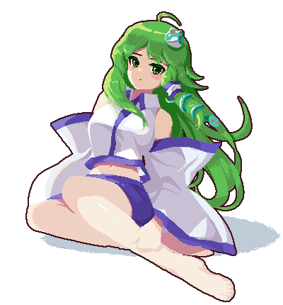 bare_legs bare_shoulders blue_skirt blush breasts closed_mouth crossed_legs detached_sleeves edz_drawz frog_hair_ornament green_eyes green_hair hair_ornament hair_tubes kochiya_sanae large_breasts legs long_hair looking_at_viewer lowres shirt sitting skirt sleeveless sleeveless_shirt snake_hair_ornament touhou transparent_background white_shirt white_sleeves