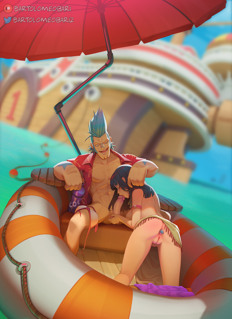 1boy 1girl adjusting_another&#039;s_hair anal anal_object_insertion anus arm_hair armlet ass bartolomeobari bikini bikini_top_only black_hair blue_hair blurry blurry_background boat bottle butt_plug caressing_testicles cleft_of_venus clothes_lift fellatio franky_(one_piece) hetero jewel_butt_plug jewelry long_skirt muscular nico_robin no_panties object_insertion ocean on_boat one_piece open_mouth oral penis pirate_ship pussy sex_toy skirt skirt_lift smile swimsuit testicles umbrella uncensored unworn_bikini_top water watercraft