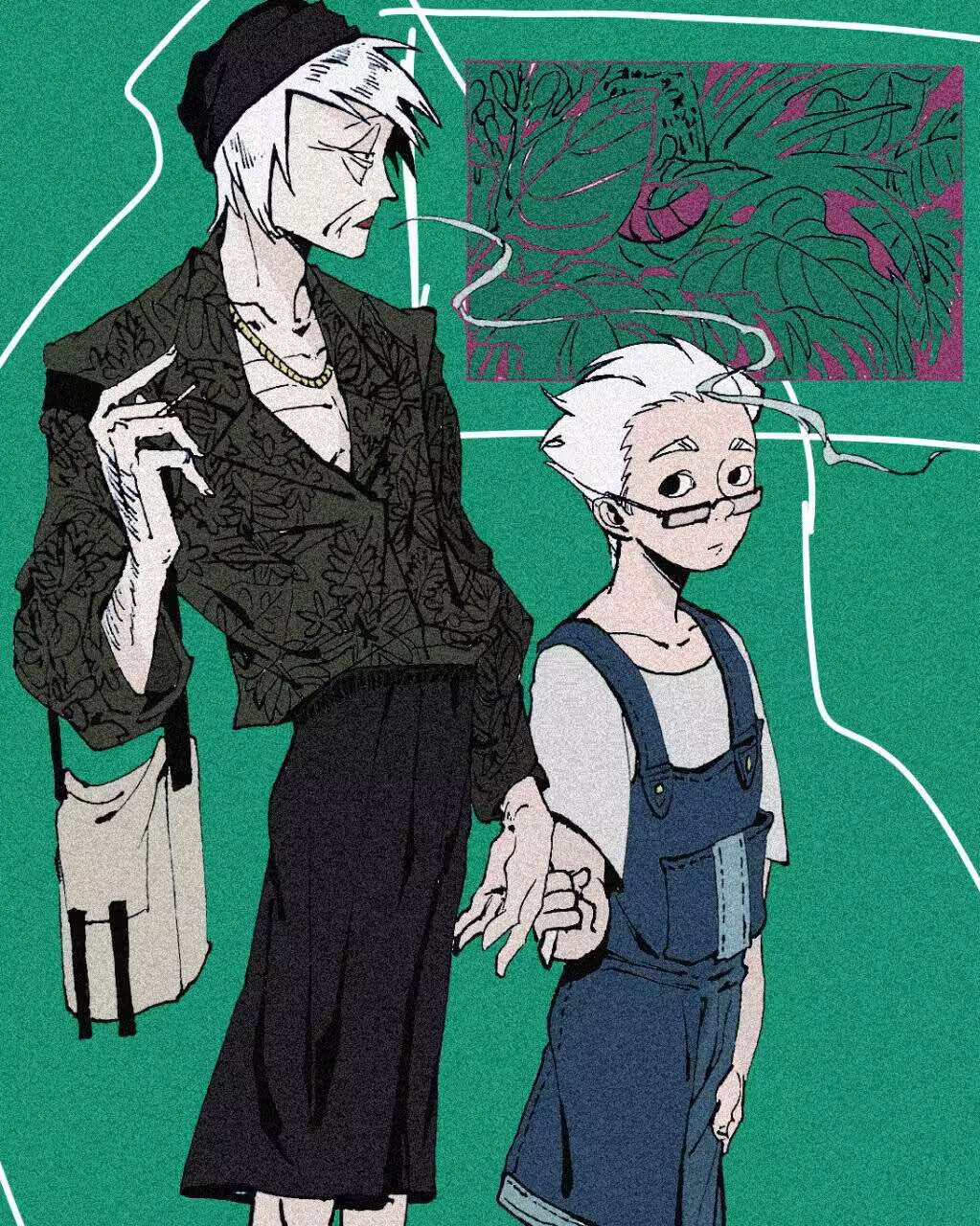 2boys akagi:_yami_ni_oritatta_tensai akagi_shigeru alternate_costume bag black-framed_eyewear black_hat black_skirt blue_overalls cigarette closed_mouth collared_shirt commentary_request cowboy_shot crossdressing expressionless fukumoto_mahjong glasses green_background grey_shirt hair_slicked_back handbag hat highres hirayama_yukio holding holding_cigarette male_focus multiple_boys nanji_yuan_zhumin old old_man overalls rectangular_eyewear shirt short_hair skirt ten_(manga) time_paradox white_hair