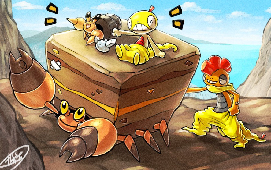 :d claws closed_mouth cloud commentary_request crustle day dwebble evolutionary_line gen_5_pokemon happy hill kaosu_(kaosu0905) nintendo notice_lines open_mouth outdoors pokemon pokemon_(creature) riding riding_pokemon scrafty scraggy signature sky smile standing