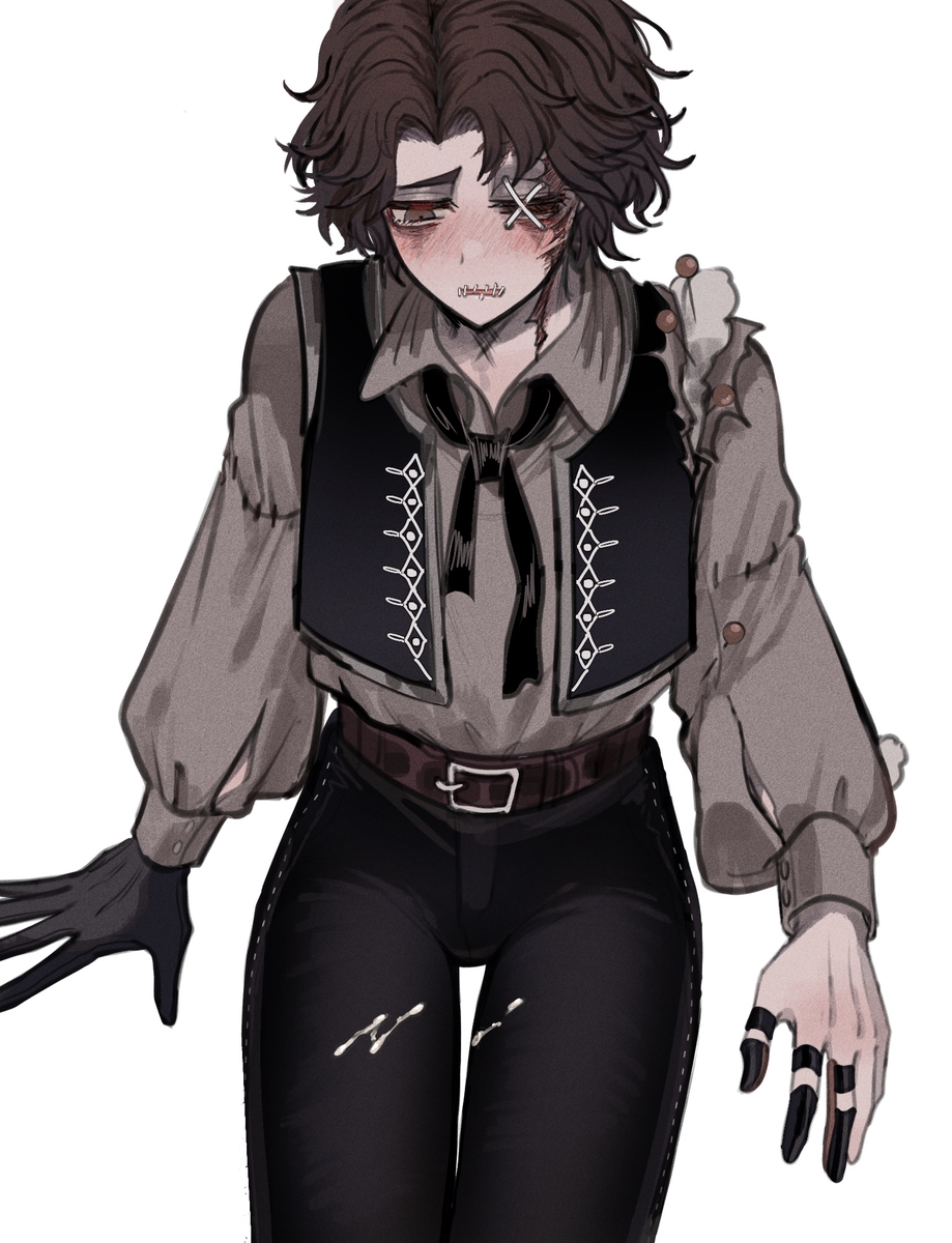 1boy black_pants black_ribbon black_vest blush brown_eyes brown_hair collared_shirt cum cum_on_body cum_on_clothes cum_on_legs dress_shirt gloves highres identity_v looking_down male_focus matthias_czernin neck_ribbon one-eyed pants pin ribbon scar scar_on_face scar_on_neck shirt single_glove stitched_arm stitched_eye stitches stuffing tendenbarabara thigh_gap vest