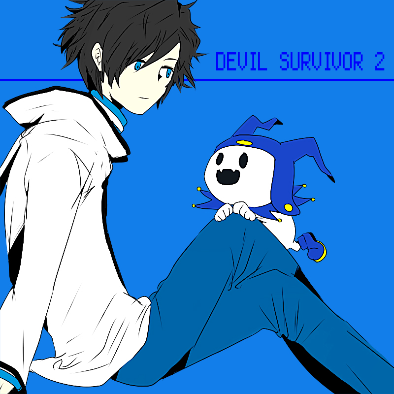 10s 1boy :d bad_id bad_pixiv_id black_hair blue_eyes crossed_legs devil_survivor_(series) devil_survivor_2 eye_contact fang hat jack_frost_(megami_tensei) k_naga kuze_hibiki looking_at_another male_focus massan_(k_naga) open_mouth protagonist_(devil_survivor_2) shin_megami_tensei short_hair sitting smile