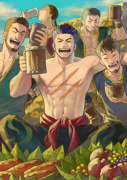 5boys abs arm_around_neck arm_strap b_suke blue_sky closed_eyes cloud cup drink drinking fate/grand_order fate_(series) fergus_mac_roich_(fate) food full_body green_pants holding holding_cup multiple_boys muscular muscular_male navel no_nipples official_art open_mouth outdoors pants pectorals purple_hair red_sash sash scar scar_on_chest short_hair sitting sky tankard teeth third-party_source toasting_(gesture) topless_male undercut