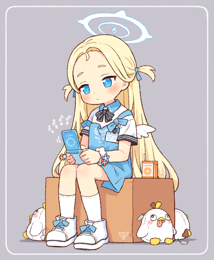 1girl angel&#039;s_24_uniform_(blue_archive) angel_wings apron black_bow black_bowtie blonde_hair blue_apron blue_archive blue_eyes blue_ribbon bow bowtie box bright_pupils cellphone closed_mouth collared_shirt commentary_request flip_phone full_body grey_background hair_ribbon halo holding holding_phone juice_box long_hair mini_wings on_box onyhakase parted_bangs peroro_(blue_archive) phone ribbon scrunchie shirt shoes short_sleeves sitting sneakers socks solo sora_(blue_archive) strap_slip stuffed_toy two_side_up white_halo white_pupils white_shirt white_shoes white_socks white_wings wings wrist_scrunchie