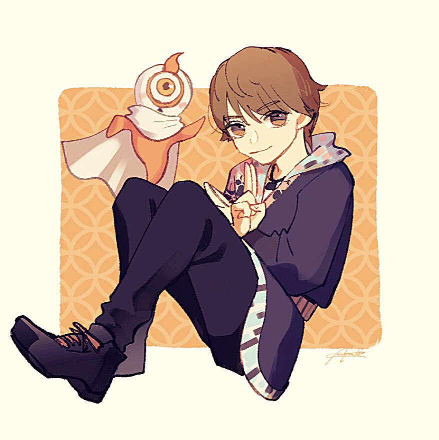 1boy black_pants brown_eyes brown_hair commentary_request crossed_arms cyclops eyebrows_hidden_by_hair hood hoodie kamen_rider kamen_rider_ghost_(series) multicolored_clothes one-eyed orange_eyes outside_border pants shoes sitting sneakers spirit tenkuuji_takeru tkst_ayaka yurusen