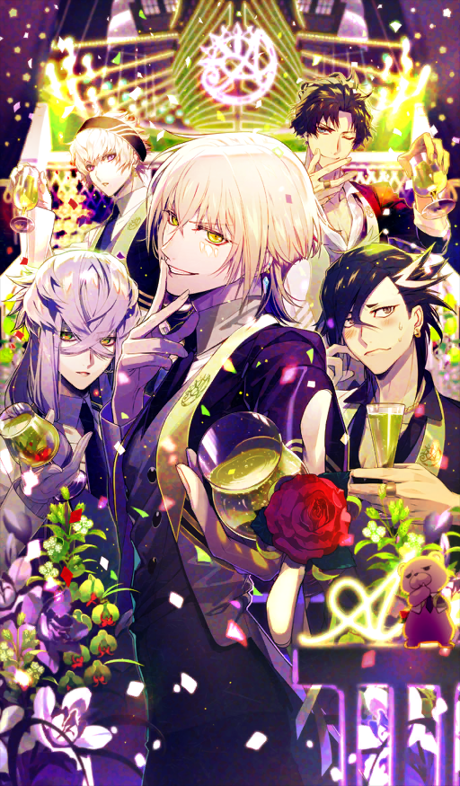 5boys asclepius_(fate) bartholomew_roberts_(fate) black_hair black_hairband black_jacket black_necktie black_shirt blonde_hair blue_eyes blush brown_hair buttons castor_(fate) chain chain_necklace closed_mouth coat collared_shirt commentary confetti crossed_bangs cup curtained_hair double-breasted dress_shirt drink drinking_glass earrings embarrassed fate/grand_order fate_(series) flower formal_clothes gloves gold_necklace green_eyes grey_hair grey_vest hair_between_eyes hairband hanamura_mai hand_on_own_face holding holding_cup holding_flower hurricane_glass indoors jacket jason_(fate) jewelry long_hair long_sleeves looking_at_viewer looking_to_the_side male_focus mandricardo_(fate) medium_hair multicolored_hair multiple_boys necklace necktie nightclub official_alternate_costume official_art one_eye_closed open_clothes open_coat orion_(bear)_(fate) parted_lips partially_unbuttoned poco_grande_glass purple_eyes red_flower red_rose ring rose shirt short_hair sidelocks small_sweatdrop smile stuffed_animal stuffed_toy tailcoat teddy_bear teeth third-party_source two-tone_hair unbuttoned unbuttoned_shirt vest waistcoat white_gloves white_hair white_shirt wing_collar