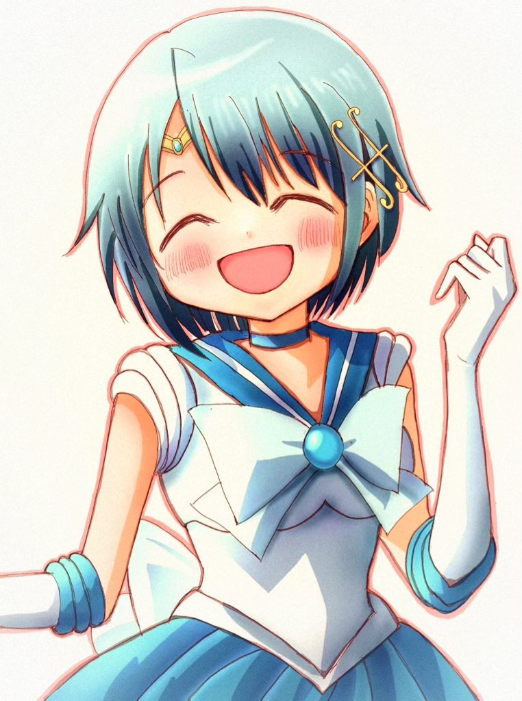 1girl ^_^ arm_up back_bow bishoujo_senshi_sailor_moon blue_bow blue_bowtie blue_choker blue_hair blue_sailor_collar blue_skirt blush bow bowtie choker closed_eyes cosplay cowboy_shot crossover elbow_gloves fortissimo gloves hair_ornament looking_at_viewer magical_girl mahou_shoujo_madoka_magica miki_sayaka musical_note musical_note_hair_ornament open_mouth pleated_skirt sailor_collar sailor_mercury sailor_mercury_(cosplay) sailor_senshi_uniform short_hair simple_background skirt solo tiara white_background white_gloves yae_harura