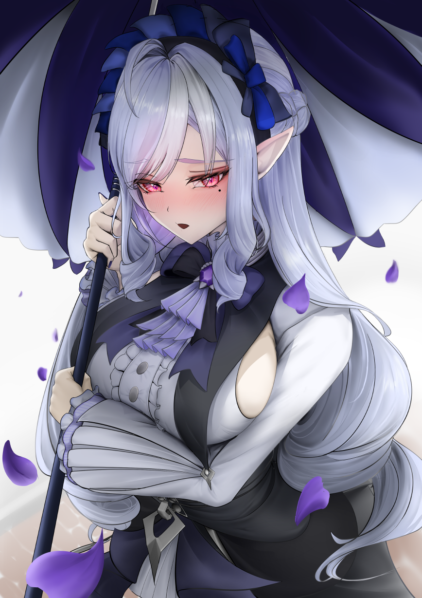 1girl ahoge ascot black_nails blush bow bowtie breasts dress frills hairband highres holding holding_umbrella large_breasts long_hair long_sleeves looking_at_viewer mait mole mole_under_eye multicolored_hair open_mouth pantyhose pointy_ears purple_ascot purple_bow purple_bowtie purple_hair purple_hairband purple_umbrella red_eyes sideboob_cutout solo streaked_hair umbrella vivian_(zenless_zone_zero) zenless_zone_zero