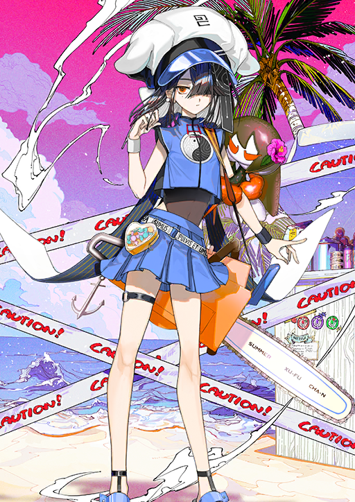 1girl arm_at_side beach belt black_hair black_one-piece_swimsuit blue_shirt blue_skirt bracer breasts caution_tape chainsaw character_doll character_name chinese_clothes closed_mouth cloud colored_inner_hair covered_navel crop_top crossed_bangs doll earrings endo_(takolegs) expressionless fate/grand_order fate_(series) game_cg hair_over_one_eye hand_in_own_hair hand_up hat highleg highleg_one-piece_swimsuit horizon jewelry lady_yu_doll legs_apart looking_at_viewer miniskirt mole mole_under_eye multicolored_hair o-ring o-ring_thigh_strap ocean official_art one-piece_swimsuit one_eye_covered orange_eyes palm_tree pink_sky pleated_skirt sand sandals shirt short_hair skirt sky sleeveless sleeveless_shirt small_breasts solo standing swimsuit swimsuit_under_clothes thigh_strap third-party_source tree variant_set waves weapon weapon_on_back white_belt white_hat xu_fu_(fate) xu_fu_(swimsuit_avenger)_(first_ascension)_(fate) yin_yang