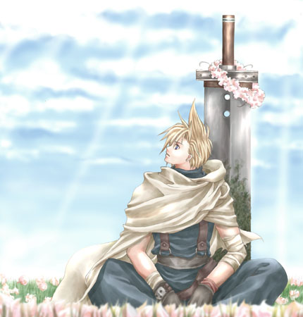 1boy bad_id bandaged_arm bandages belt black_gloves blonde_hair blue_pants blue_sky blue_sweater brown_belt brown_cape buster_sword cape cloud cloud_strife cloudy_sky commentary_request day final_fantasy final_fantasy_vii flower flower_bed flower_wreath full_body gloves grass light_rays looking_up lowres male_focus outdoors pants pink_flower planted planted_sword planted_weapon rendezvous short_hair sitting sky solo spiked_hair sunbeam sunlight suspenders sweater sword turtleneck turtleneck_sweater weapon