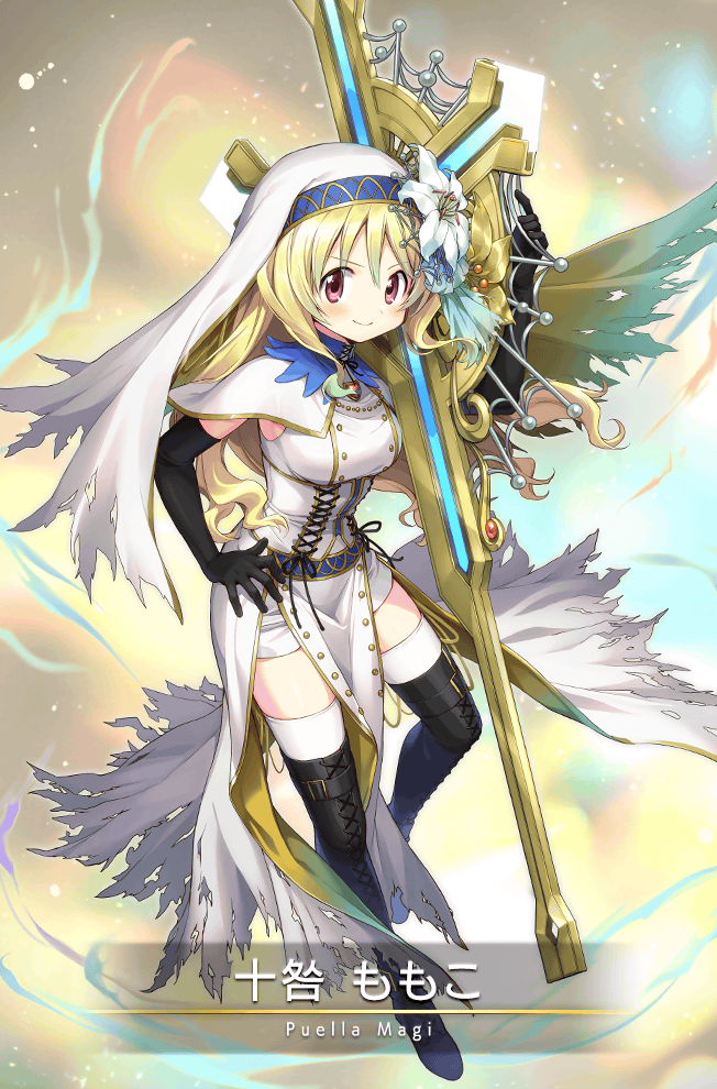 1girl belt belt_boots black_boots black_gloves black_thighhighs blonde_hair boots breasts capelet card_(medium) carrying carrying_over_shoulder character_name closed_mouth copyright_name cross cross-laced_clothes curly_hair daffodil dot_nose dress elbow_gloves flower full_body game_cg gloves gradient_background gradient_hair green_background green_hair green_ribbon habit hair_flower hair_ornament hair_ribbon hand_on_own_hip high_collar imoan lace-up_boots large_breasts latin_cross light_blush light_particles long_dress long_hair looking_at_viewer magia_record:_mahou_shoujo_madoka_magica_gaiden magical_girl mahou_shoujo_madoka_magica multicolored_background multicolored_hair nun official_alternate_costume official_art pelvic_curtain red_eyes ribbon smile solo soul_gem sparkle spider_web_hair_ornament thigh_boots thighhighs thighhighs_under_boots thighs third-party_source togame_momoko togame_momoko_(sister_ver.) torn_clothes torn_dress translated white_capelet white_dress white_flower white_headwear white_thighhighs yellow_background yellow_flower zettai_ryouiki