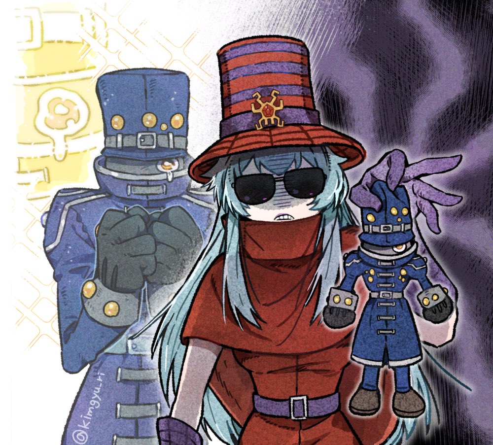 1boy 1girl archnemon blue_coat blue_hair blue_hat breasts coat commentary digimon digimon_(creature) digimon_adventure_02 dress hat holding holding_stuffed_toy kim_gyuri medium_breasts mummymon one-eyed red_dress red_hat stuffed_toy sunglasses symbol-only_commentary tearing_up twitter_username upper_body