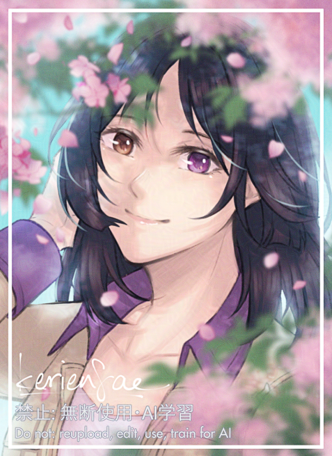 1girl black_hair brown_eyes cherry_blossoms cherry_tree closed_mouth commentary english_commentary falling_petals hand_on_own_head heterochromia hope_alanzi inset_border kerienfae long_hair looking_at_viewer petals pink_petals purple_eyes smile solo watermark xenoblade_chronicles_(series) xenoblade_chronicles_x