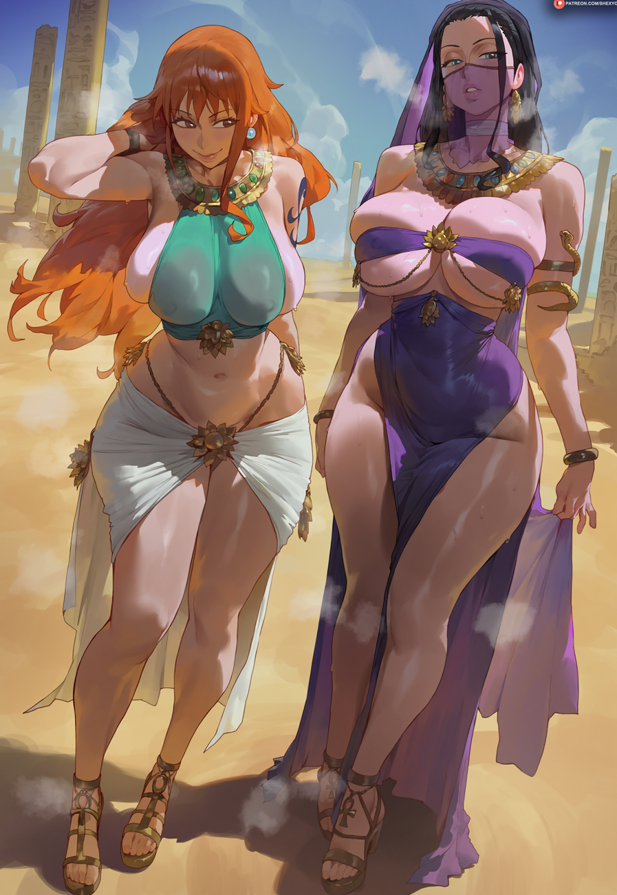 2girls ai-assisted arabian_clothes black_hair blue_eyes blue_sky breasts brown_eyes cleavage cloud commentary covered_erect_nipples curvy day desert earrings highres jewelry large_breasts legs long_hair looking_at_another looking_at_viewer looking_to_the_side mask multiple_girls nami_(one_piece) navel nico_robin one_piece orange_hair outdoors patreon_logo patreon_username pelvic_curtain pillar sandals shexyo shoulder_tattoo sideboob sky standing steaming_body tattoo thighs toes underboob wide_hips
