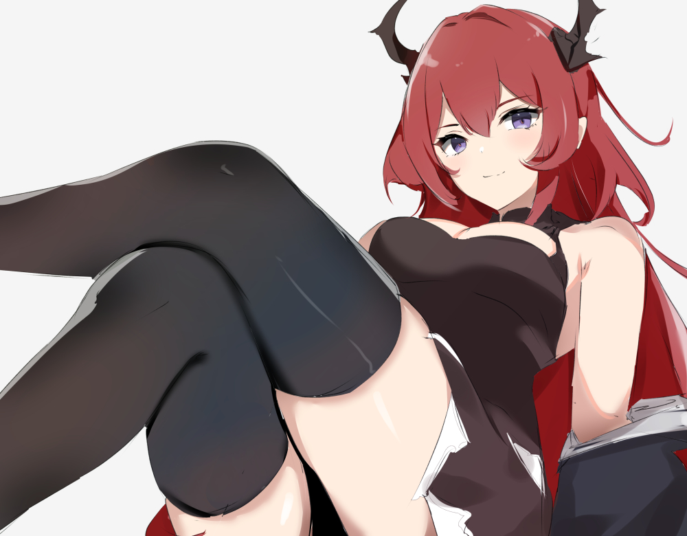 1girl arknights bare_shoulders black_dress breasts cleavage closed_mouth commentary_request crossed_legs demon_horns dress grey_background hair_between_eyes horns large_breasts long_hair looking_at_viewer purple_eyes raifu_(rf) smile solo surtr_(arknights) thighhighs very_long_hair