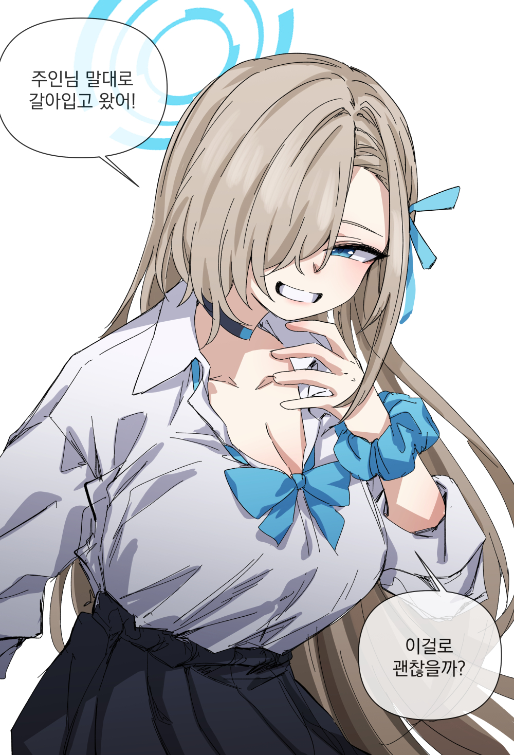 1girl aqua_bow aqua_bowtie aqua_ribbon asuna_(blue_archive) asuna_(school_uniform)_(blue_archive) asymmetrical_bangs black_choker black_skirt blue_archive bow bowtie breasts brown_hair choker cleavage collarbone commentary_request hair_over_one_eye hair_ribbon halo highres korean_text large_breasts looking_at_viewer loose_bowtie one_eye_covered open_collar pleated_skirt ribbon school_uniform scrunchie shirt shirt_tucked_in simple_background sin_seishun skirt skirt_rolled_up smile solo speech_bubble translation_request white_background white_shirt wrist_scrunchie