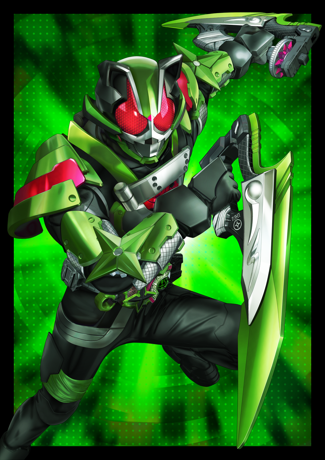 1boy animal_ears armor black_bodysuit black_border bodysuit border desire_driver rider_belt dual_wielding fighting_stance gears gradient_background green_armor green_background highres holding holding_sword holding_weapon kamen_rider kamen_rider_geats_(series) kamen_rider_tycoon leaf male_focus masukudo_(hamamoto_hikaru) ninja ninja_buckle ninja_dueler raccoon_ears red_eyes reverse_grip sword tanuki tokusatsu weapon wind