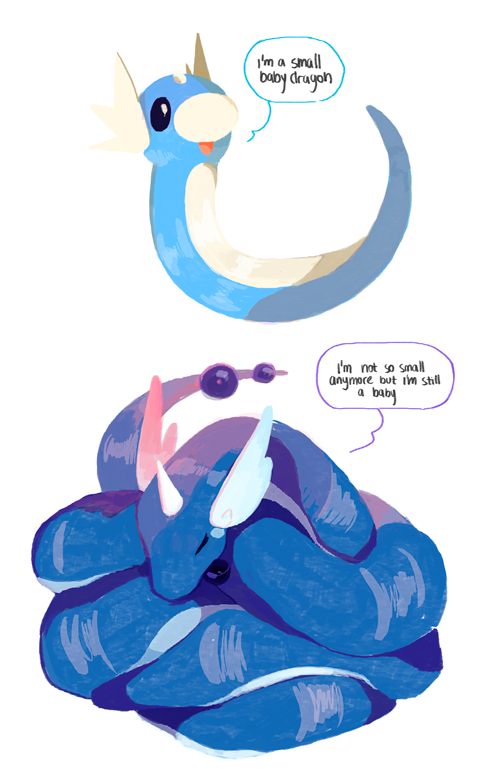 animal_focus bead_tail_ornament black_eyes closed_eyes closed_mouth coiled commentary curled_up dragon dragonair dratini english_commentary english_text evolutionary_line full_body gen_1_pokemon head_wings horns nintendo no_humans open_mouth papaparah pokemon pokemon_(creature) simple_background single_horn speech_bubble white_background wings