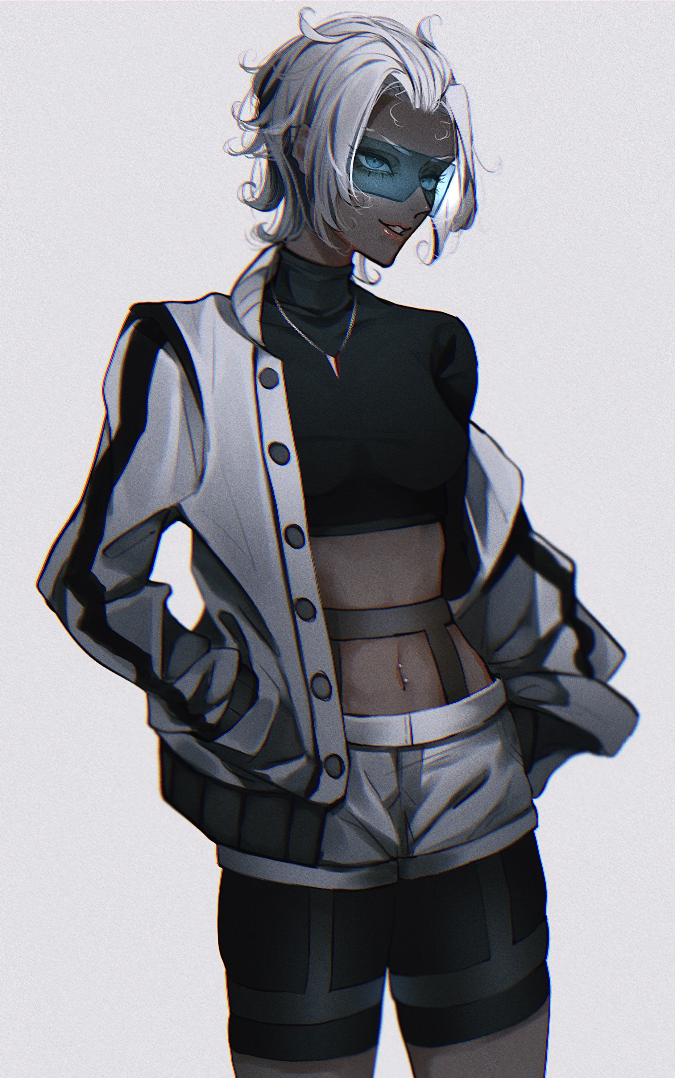 1girl absurdres bike_shorts black_shorts blue_eyes breasts cowboy_shot dark-skinned_female dark_skin genderswap genderswap_(mtf) grey_background grey_hair grey_jacket grey_shorts hair_behind_ear hands_in_pockets highres humanization jacket jazz_(transformers) logo medium_breasts midriff nakai111 navel_piercing off_shoulder parted_lips piercing pink_lips pontiac shirt short_shorts shorts smile solo sunglasses transformers transformers_(2007_movie) transformers_(live_action) turtleneck turtleneck_shirt