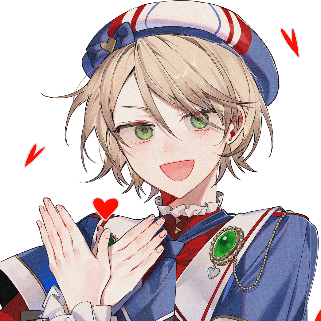 1boy anight beret blonde_hair blue_hat blue_necktie blue_shirt collar ensemble_stars! eyes_visible_through_hair frilled_collar frills green_brooch green_eyes hair_between_eyes hat heart high_collar looking_at_viewer male_focus necktie official_alternate_costume shiratori_aira_(ensemble_stars!) shirt short_hair simple_background smile solo upper_body white_background