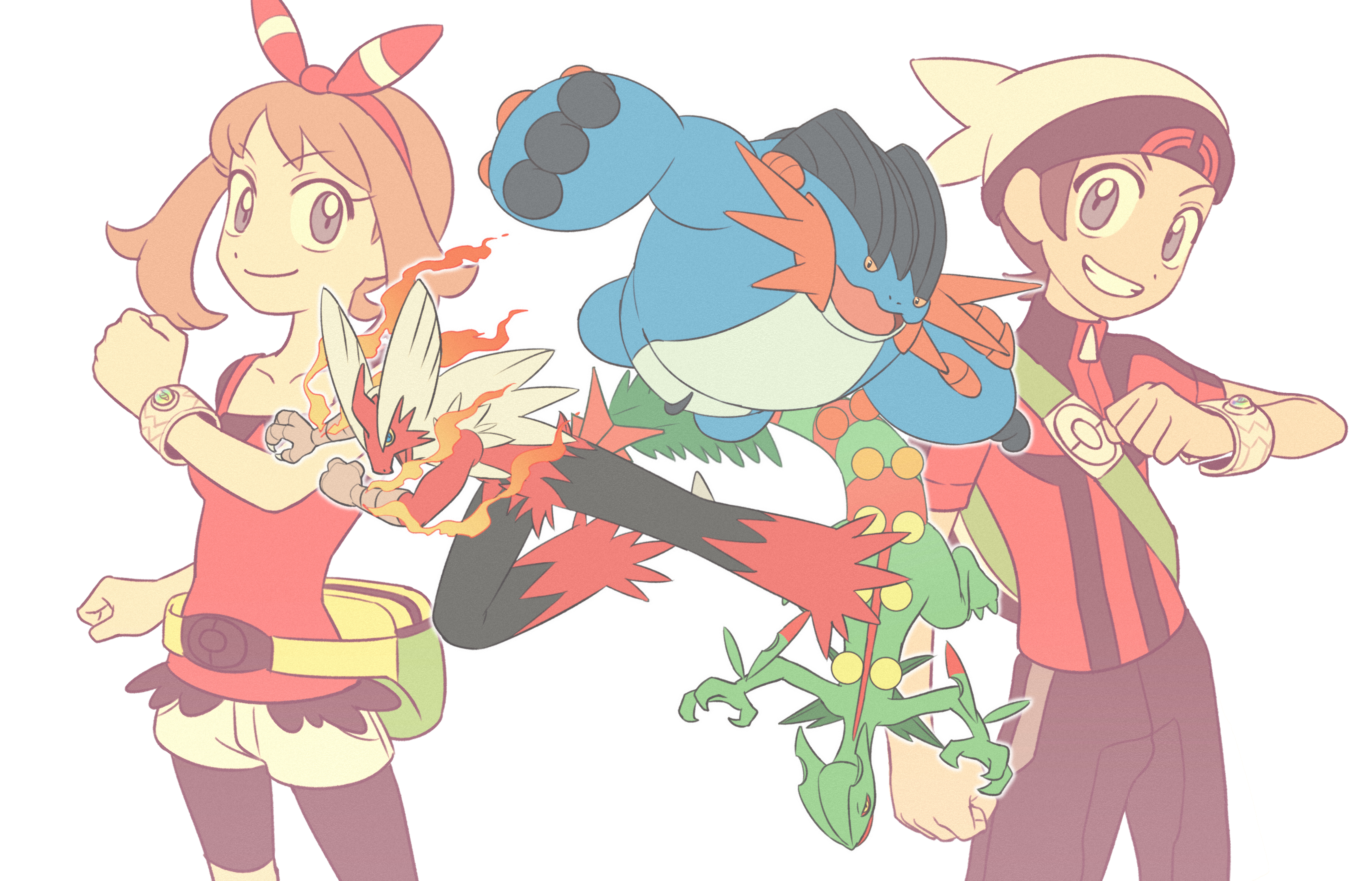 1boy 1girl absurdres bag black_eyes black_jacket black_pants blaziken blue_eyes bracelet brendan_(pokemon) claws clenched_hands collarbone colored_sclera feiyang02 gen_3_pokemon hat highres jacket jewelry may_(pokemon) mega_blaziken mega_pokemon mega_sceptile mega_stone mega_swampert multicolored_jacket nintendo open_mouth pants pokemon pokemon_(creature) pokemon_oras red_jacket red_tank_top ribbon sceptile shorts sidelocks simple_background smile starter_pokemon_trio swampert tank_top two-tone_jacket white_background white_shorts yellow_sclera